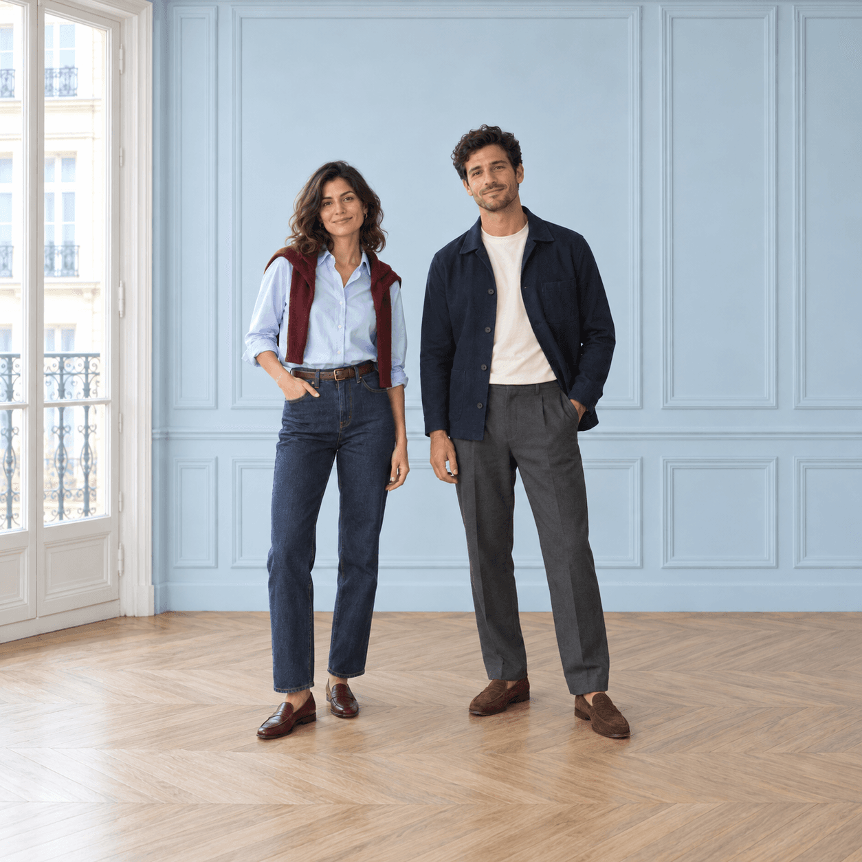 With Margot: the same woman and man, smiling in coordinated outfits, a blue shirt and burgundy knit, a navy jacket and grey trousers