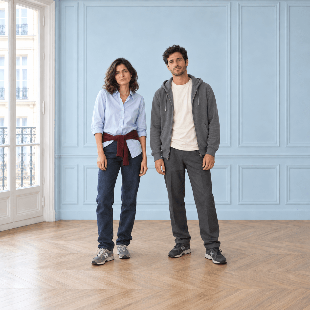 Before: a woman and a man in loosely coordinated outfits, looking unsure