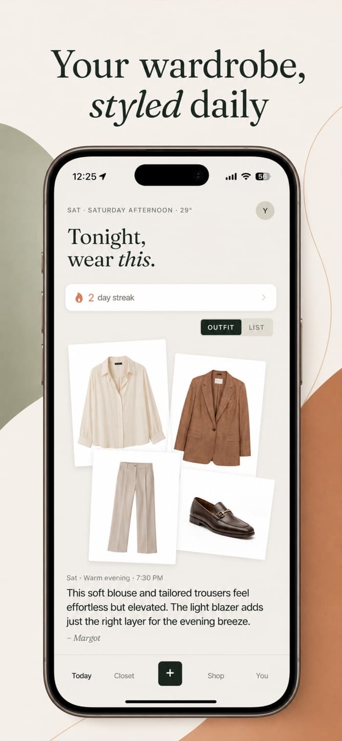 Margot daily outfit screen showing a shirt, blazer, trousers and loafers